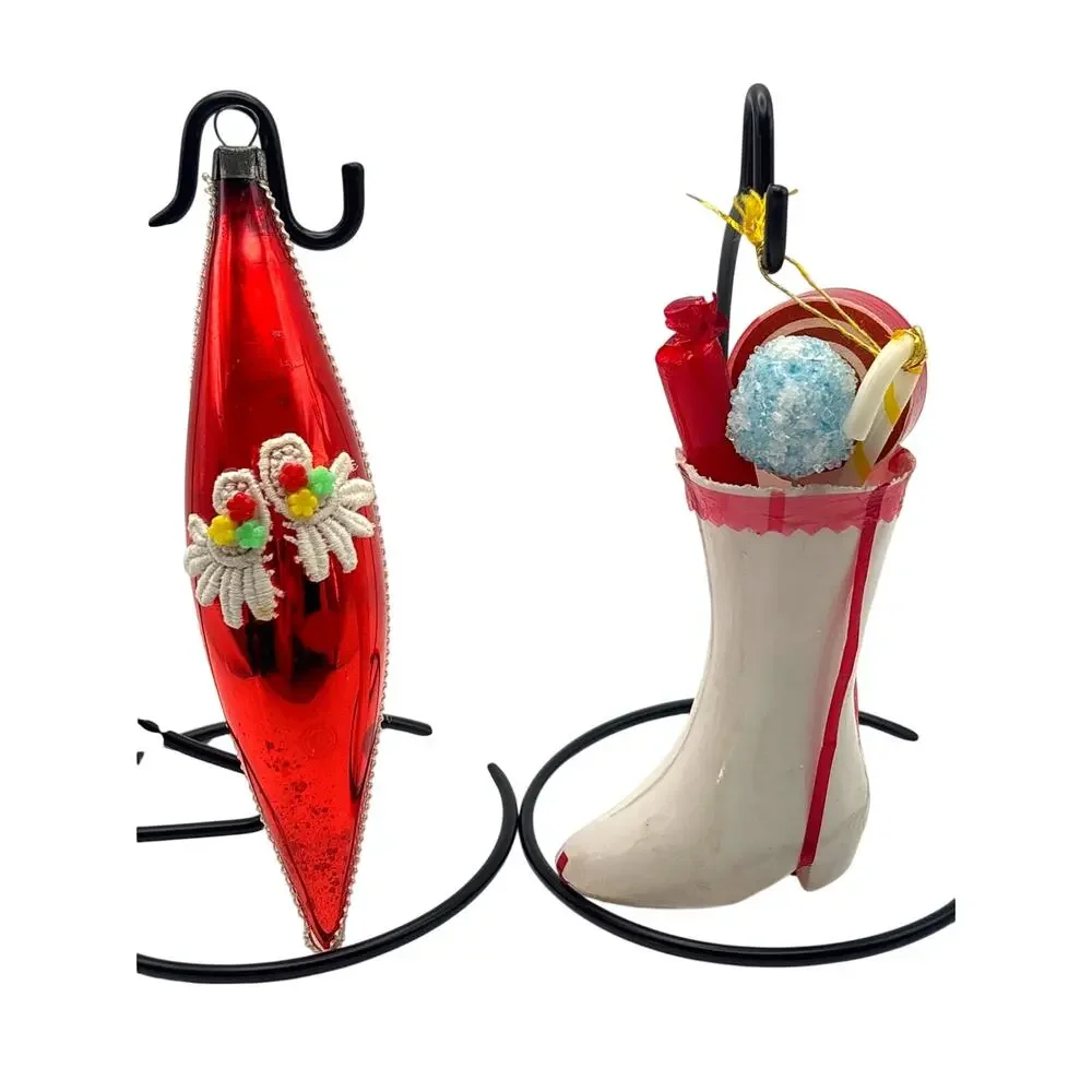 MCM Blown Glass Teardrop Ornament w/ Plastic Candy-Themed Boot Ornament 1950s